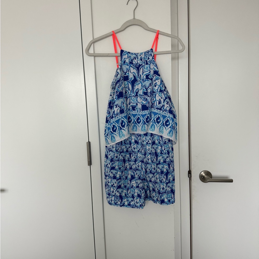 Lilly Pulitzer Blue Elephant Romper with Neon Straps Size 4